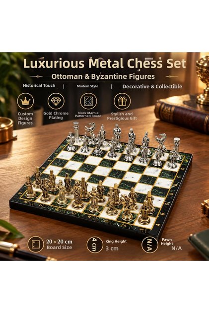 Luxury Metal Chess Set with Ottoman Byzantine Figures, Chrome Green Marble Pattern, 20X20 Premium Gift Set