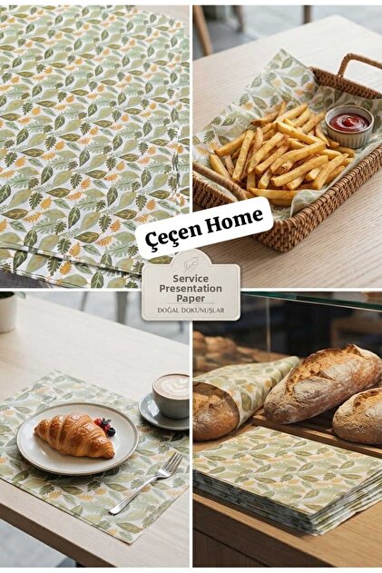 Leaf Patterned 35X25 cm 50 Pieces Oil and Water Resistant Kraft Serving Presentation Paper Suitable for Food Contact