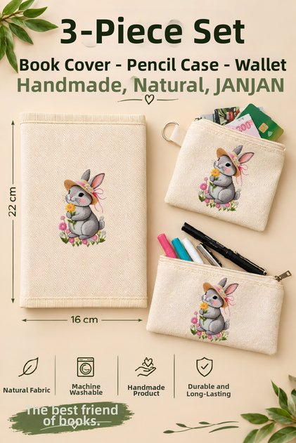3-Piece Natural Fabric Book Cover Set, (Book Cover-Pen Holder-Wallet), Washable Book Cover, Book Protector, (Open Size 32X22Cm) (Closed Size 16X22Cm) Book Protective Bag, Book Sleeve, Gift for Book Lovers