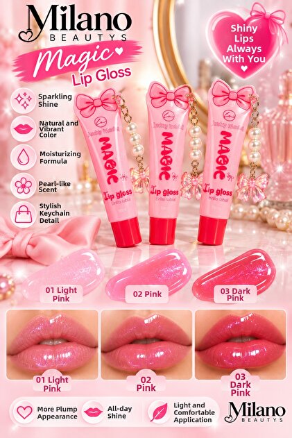 Magic Glitter Lip Gloss – Lip Gloss with Bow and Pearl Keychain Detail 18 ml