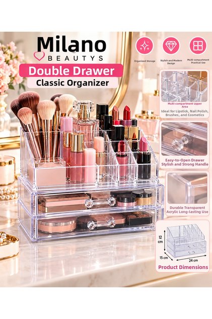 Transparent Makeup Organizer – Multi-Compartment Cosmetic, Lipstick, and Brush Organizer with 2 Drawers