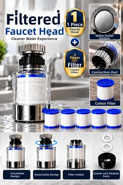 Filtered Faucet Head 1+5 Set – Water Filter Faucet Tip, Kitchen and Sink Faucet Filter with Replaceable Filter Cartridge