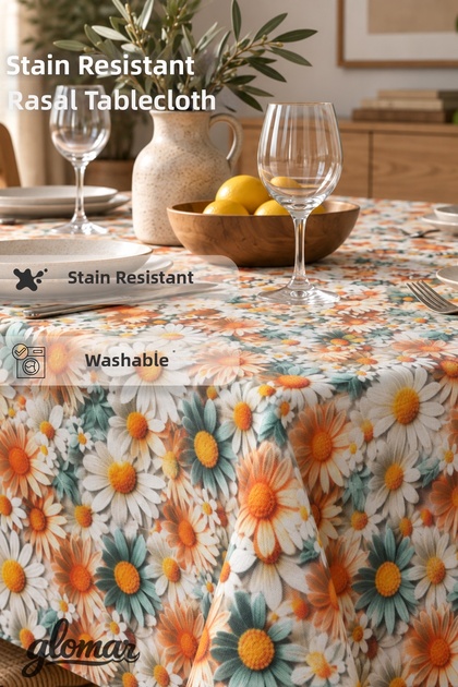 Stain-Resistant, Worry-Free Tablecloth, Raschel Fabric, Daisy, Kitchen Table, Balcony Table, Winter Garden