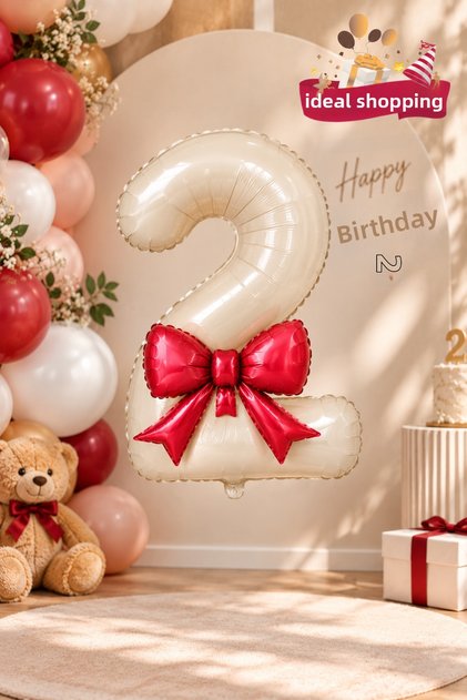 Red Bow and Cream Number Foil Balloon Set