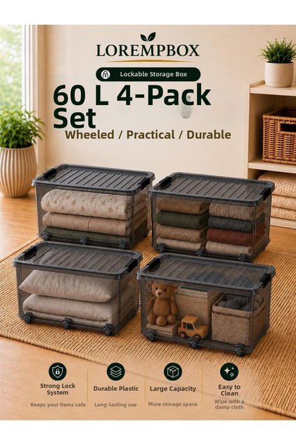 60 L Lockable Storage Box with Wheels, Set of 4, Anthracite, Stackable, Multi-Purpose Organizing Box