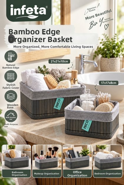 Gray 2 Size Square Bamboo Edged Organizer Basket with Wooden Base and Cloth 18-21 cm