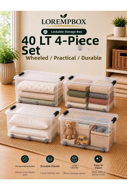 40 L Lockable Storage Box with Wheels, Set of 4 – Transparent, Stackable, Multi-Purpose Organizing Box