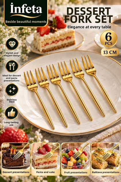 Gold 13 cm Set of 6 Stainless Steel Dessert Forks Pastry Cake Fruit Serving Forks