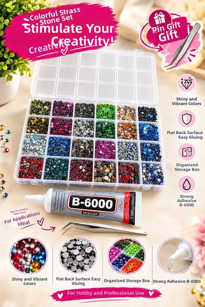 Decorative Stone Set 24 Colors Dark Tone Strass Stones, Adhesive and Tweezers Gift Compartmented Box