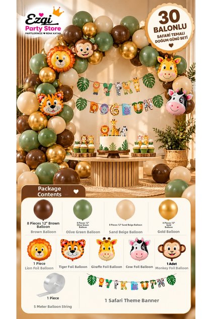 Safari Themed Birthday Set Animal Themed Party Celebration Decoration Birthday Concept with 30 Balloons