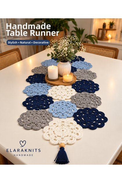 Elaraknits Hand Knitted Floral Motif Table Runner – Decorative Crochet Tablecloth
