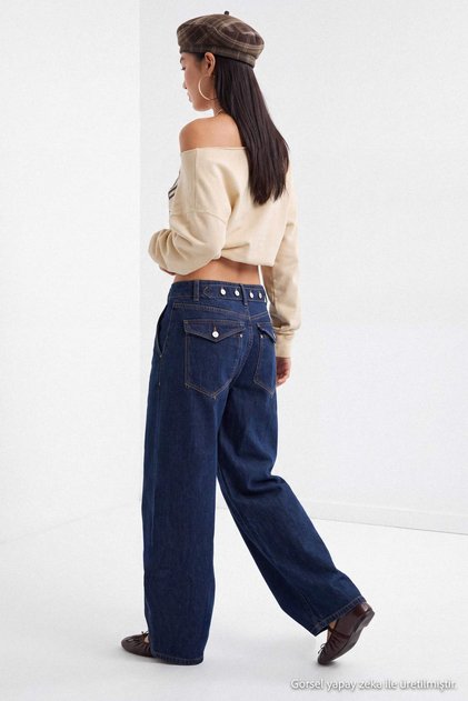 Koyu Mavi Kemer Detaylı Normal Bel Wide Leg Jeans TWOAW27JE00257