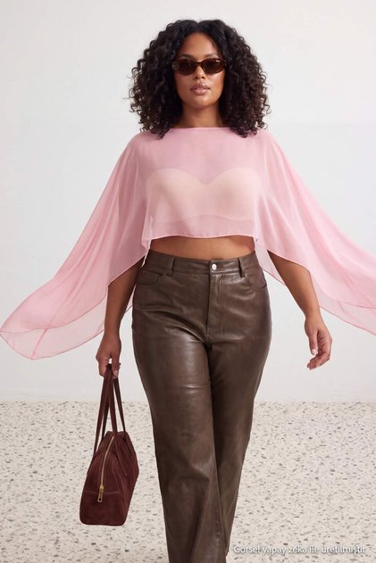 Powder Asymmetric Cut Unlined Chiffon Cape Party Woven Plus Size Blouse Tbbss26Af00313