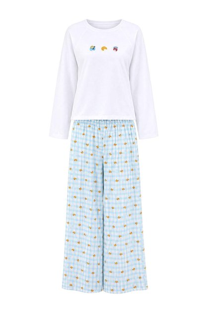 Beyaz-Mavi %100 Pamuk Kruvasan Desenli Örme Pijama Takımı THMAW27PT00241
