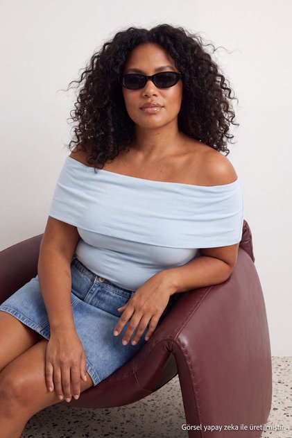 Light Blue Carmen Collar Soft Buttoned Viscose Ribbed Knitted Plus Size Blouse Tbbss26Af00107