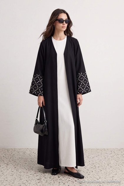 Black Sleeves with Embroidery Detail Shift/Straight Cut Maxi Woven Cap & Robe Tctaw27Kf00006