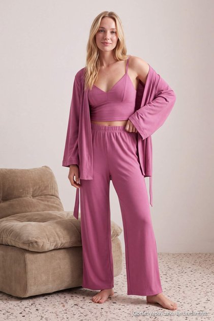 Dusty Rose 3-Piece Knitted Undershirt-Pants-Dressing Gown Pajama Set Thmaw27Pt00003