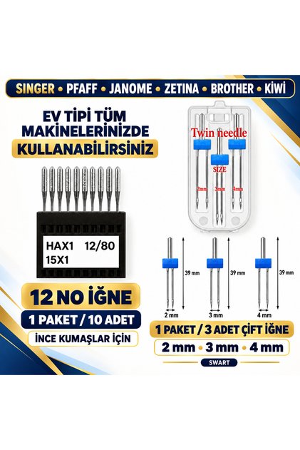 TÜM EV TİPİ MAKİNELERE UYGUN 10 Adet 12 No Iğne Ve Nervür Için Çift Iğne Singer Zetina (2MM-3MM-4MM)