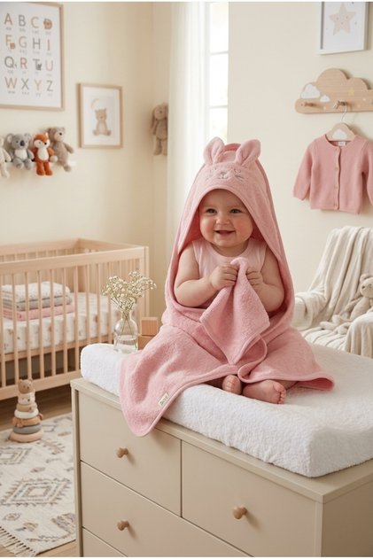 Tavşan Nakışlı Kapüşonlu %100 Pamuk 0-18 Ay Bebek Banyo Havlusu Seti 80x80 cm