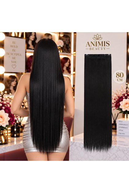 Extensii par Negre, drepte, tresa cu 5 clipsuri, 80 cm, fibra sintetica cu aspect natural