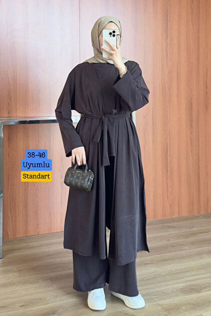 Women's Cupra Pike Long Cardigan Blouse Wide Leg Pants Abaya Set Brown 1217 - Premium Series