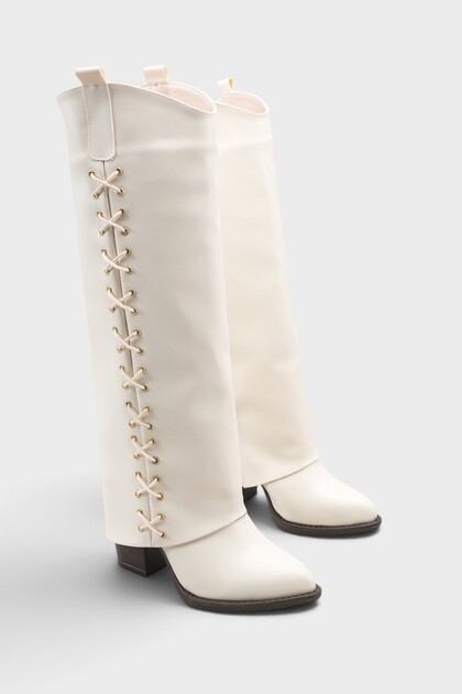 Women's Lace Detailed Pointed Toe Casual Trousers Boots Holdes Beige