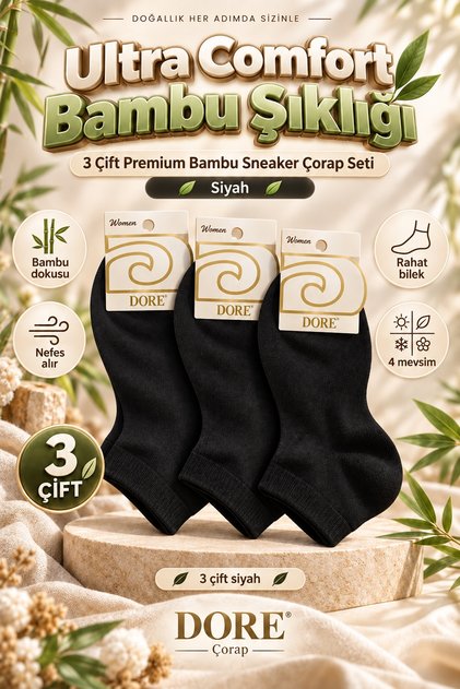 Original Women's 3 Pairs Bamboo Ultra Comfort Soft Breathable Sweat-Absorbent Skin-Friendly Bamboo Non-Slip Comfortable Ankle Sneaker Sports Shoes 4 Seasons Premium Black Bamboo Socks | 3 Pairs - Size 36-39