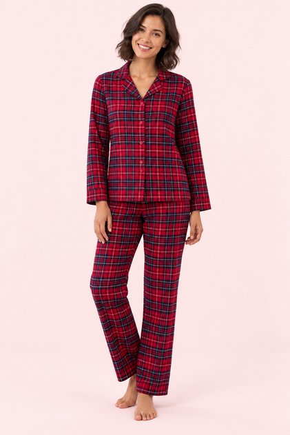 Women's Red Navy Blue Plaid Patterned Shirt Collar Pajama Set