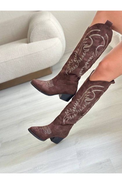 Brown Suede Embroidered Western Style Long Boots