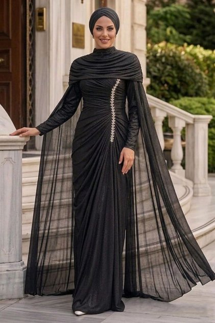Black Hijab Evening Dress with Cape 56501S