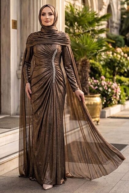 Gold Hijab Evening Dress with Cape 56501Gold