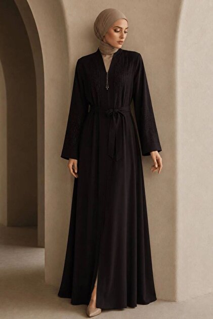 Purple Hijab Abaya with Ribbon Stones and Belt 29135Mor