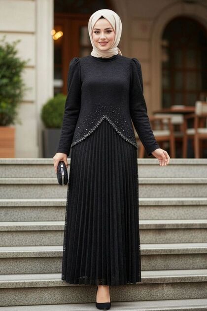 Lace Black Hijab Evening Dress 55591S