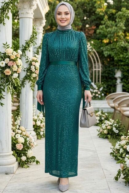 Sequined Emerald Green Hijab Evening Dress 4667Zy