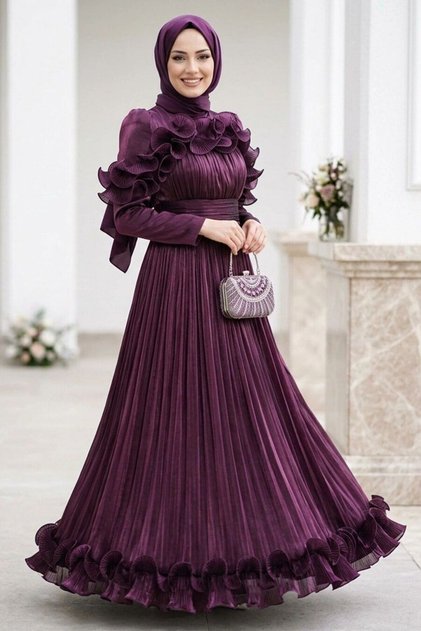 Ruffle Detailed Dark Purple Hijab Evening Dress 56612Kmor