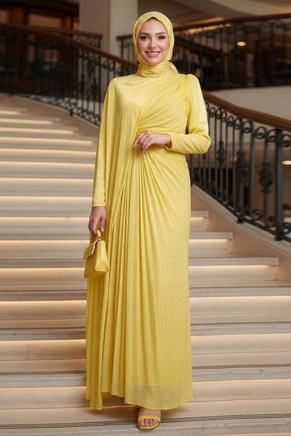 فستان سهرة أصفر بتفاصيل عباءة 52142SR