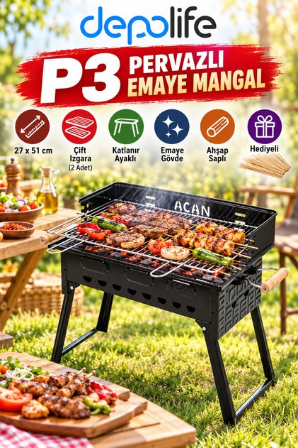 Pervazlı Emaye Mangal P3 Battal Boy Barbekü Çift Kömürlü Izgara Katlanır Ayaklı 27x51cm