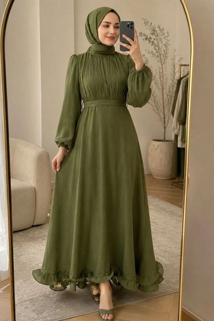 Balon Sleeve Dark Khaki Hijab Evening Dress 6278Khk