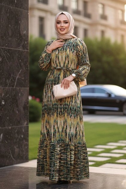 فستان تشيتكور بنقشة خضراء زيتية 52721YY