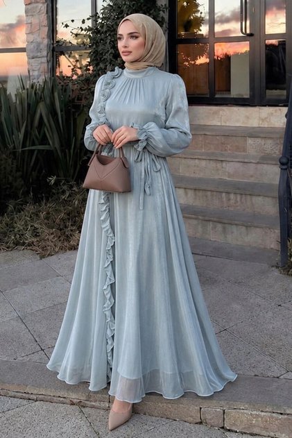 Mint Hijab Evening Dress with Ruffle Detail and Tie Collar 79861Mint