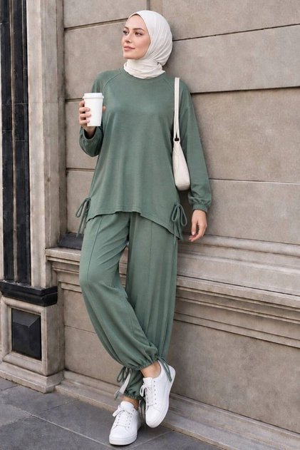 Lace Detailed Straight Cut Oysho Green Hijab Pants Set 10605Cy