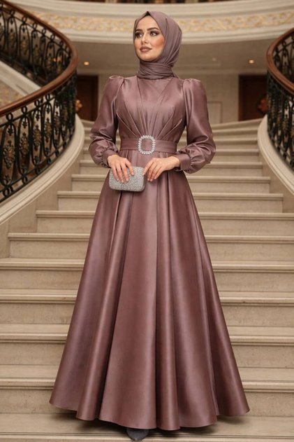 Buckle Belted Mink Hijab Evening Dress 45295V
