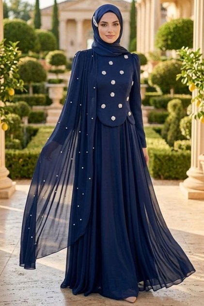 Adriana Navy Blue Pearl Detailed Cape Hijab Evening Dress 5680L