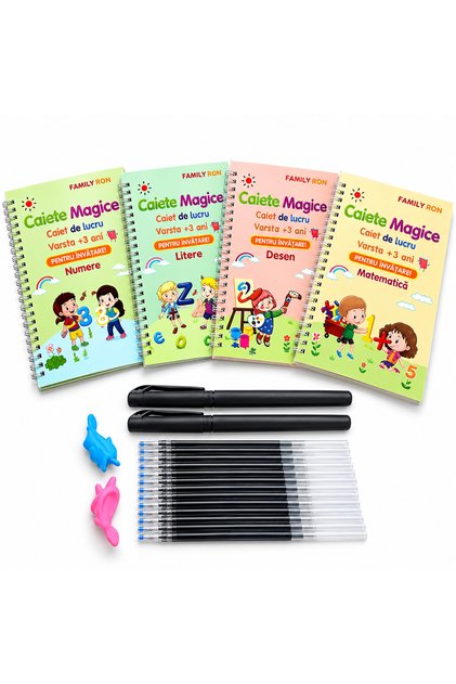Set 4 Caiete Magice in ROMÂNĂ, Caligrafie, 16 rezerve, 2 pixuri si 2 suporti ergonomici