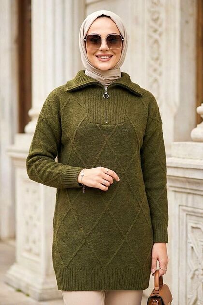 Baklava Detailed Dark Khaki Hijab Knitwear Sweater Tunic 83961Khk
