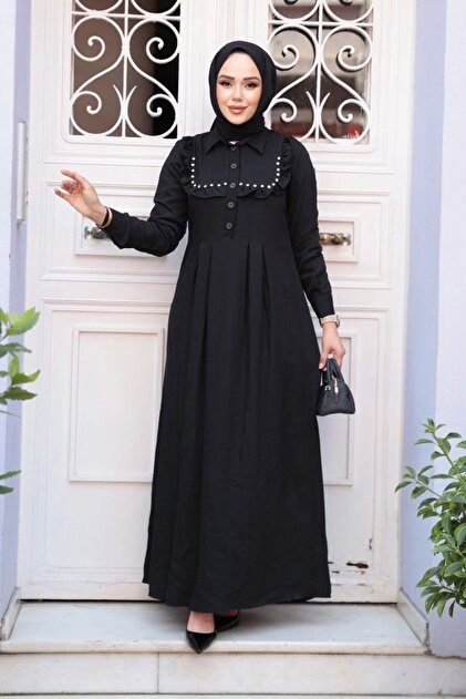 فستان حجاب أسود بتفاصيل أزرار 7224S