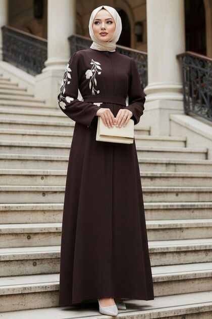 Patterned Dark Brown Hijab Abaya 60052Kkh