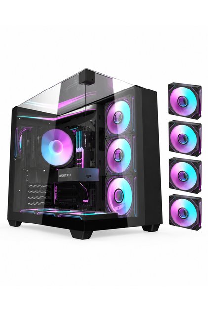 TH285 ATX/M-ATX/ITX Triple Glass Gaming PC Case, 4ARGB Fans, Up to 360MM Radiator, Up to 415MM GPU, Black
