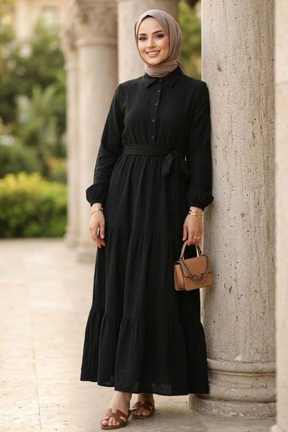 Pleated Black Hijab Dress 27624S
