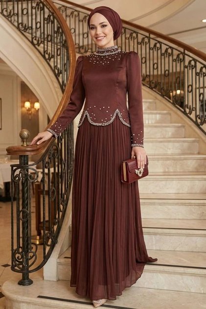 Beaded Detailed Brown Hijab Evening Dress 55651Kh